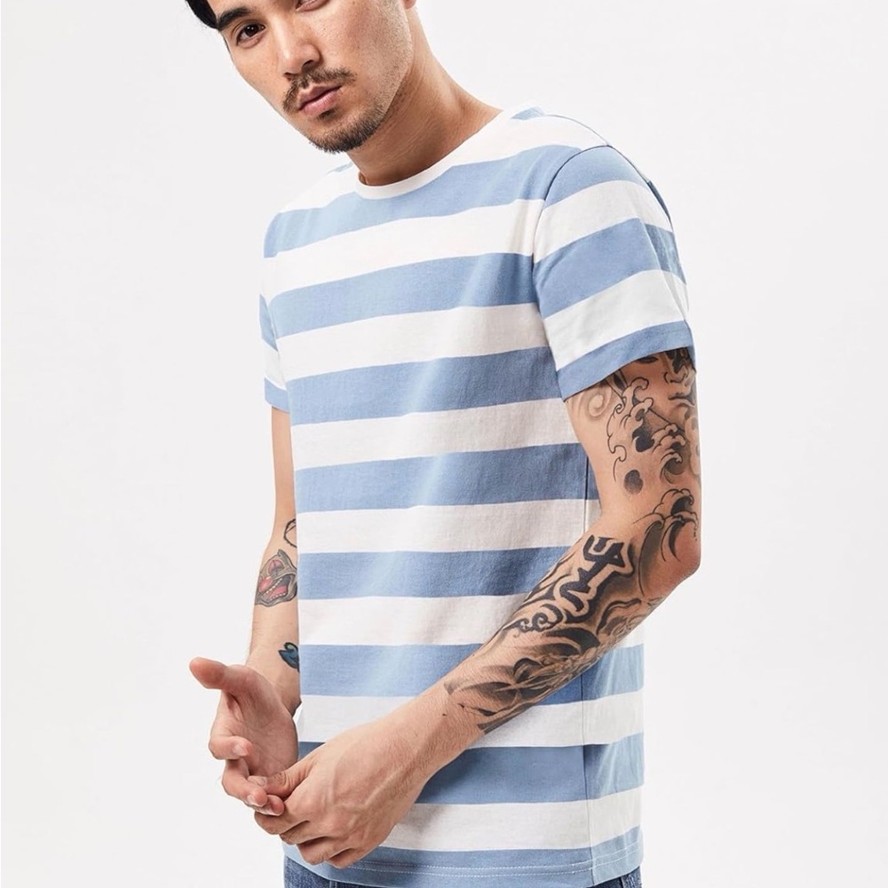 Striped Crewneck T-Shirt - Light Blue & White